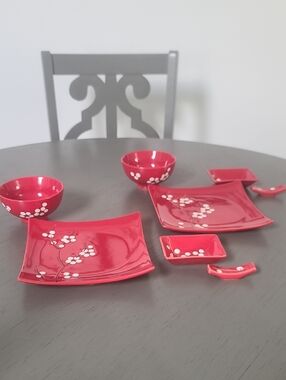 World Market Cherry Blosoom Red Floral Sushi Set